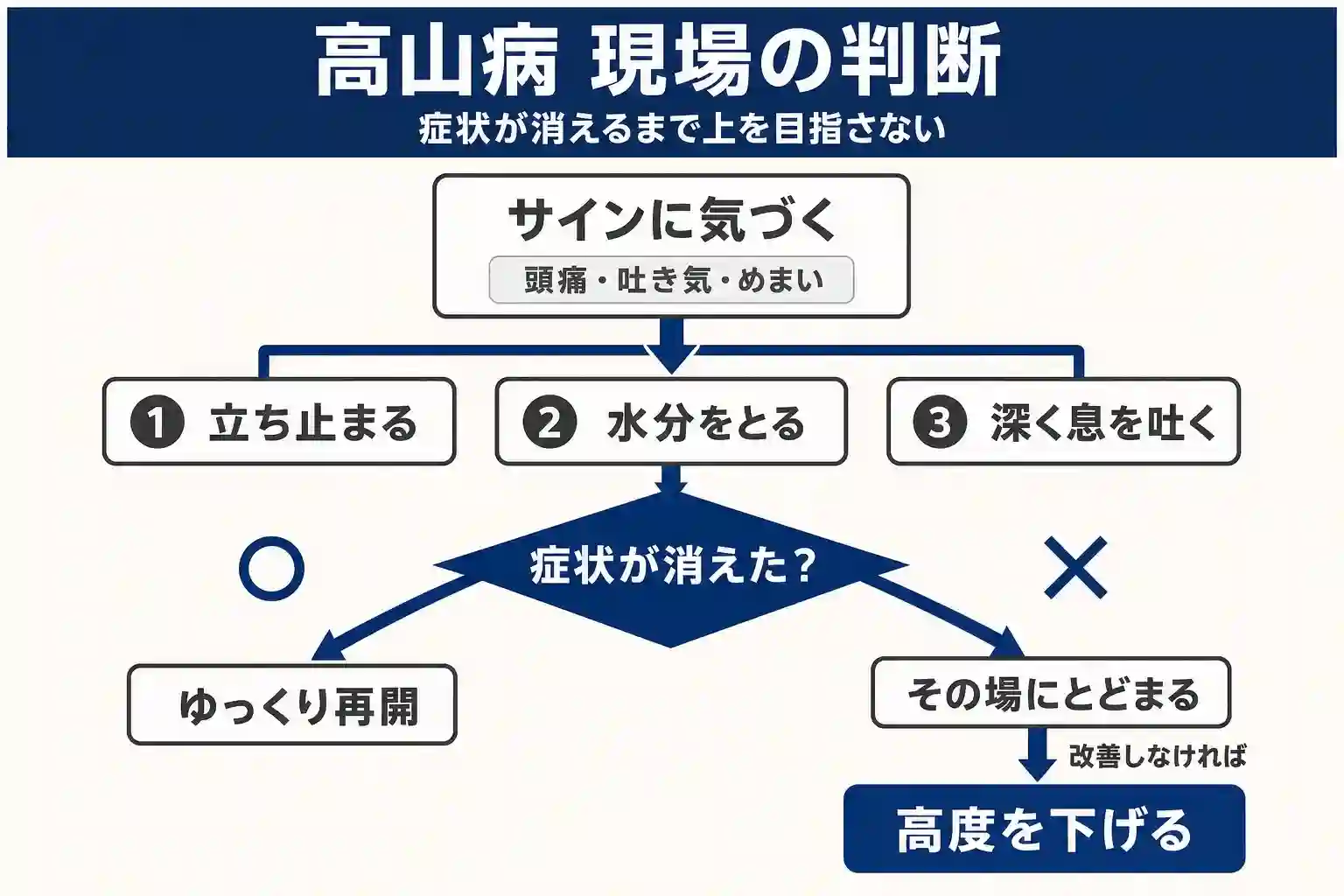 高山病のサインに気づいてから、休憩、再開、下山を判断する流れを示した図解