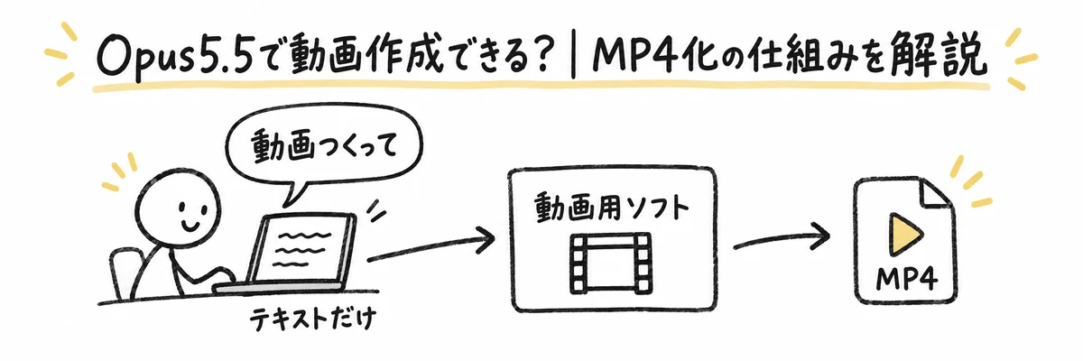 Opus5.5が書いたテキストが動画用ソフトを経てMP4になる、役割の流れを示すイラスト