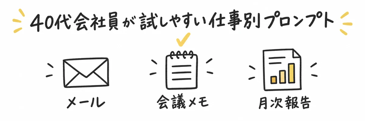 日程変更メール・会議メモ・月次報告という3つの仕事にAIへの指示文を使うイメージのイラスト