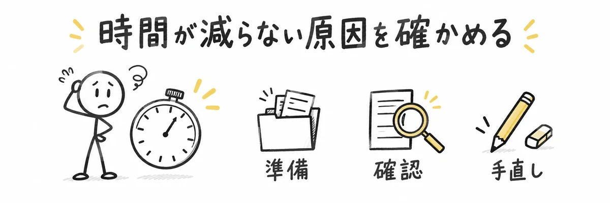 準備・確認・手直しに時間がかかり、AIを使っても仕事全体の時間が減らない原因を探すイラスト