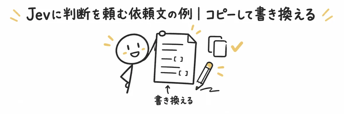 空欄つきの依頼文の例をコピーして書き換えて使う様子を示すイラスト