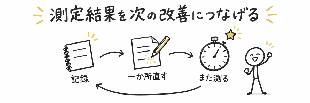測定結果を手順に残し、指示文を一か所ずつ直して次の改善につなげるイメージのイラスト