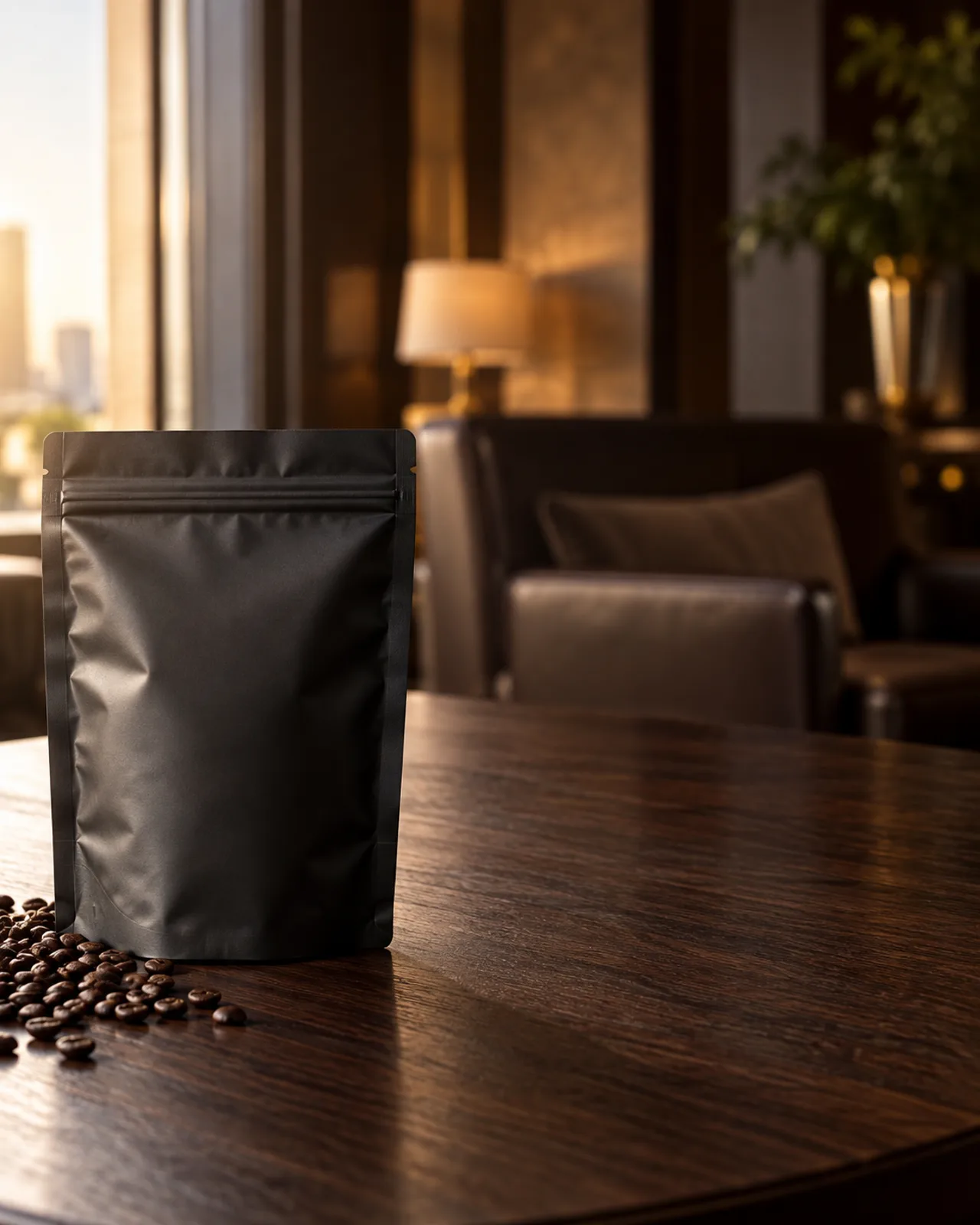 商品広告の生成例。黒いコーヒーパッケージを左に置き、右側にコピー用の余白を確保した縦長ビジュアル