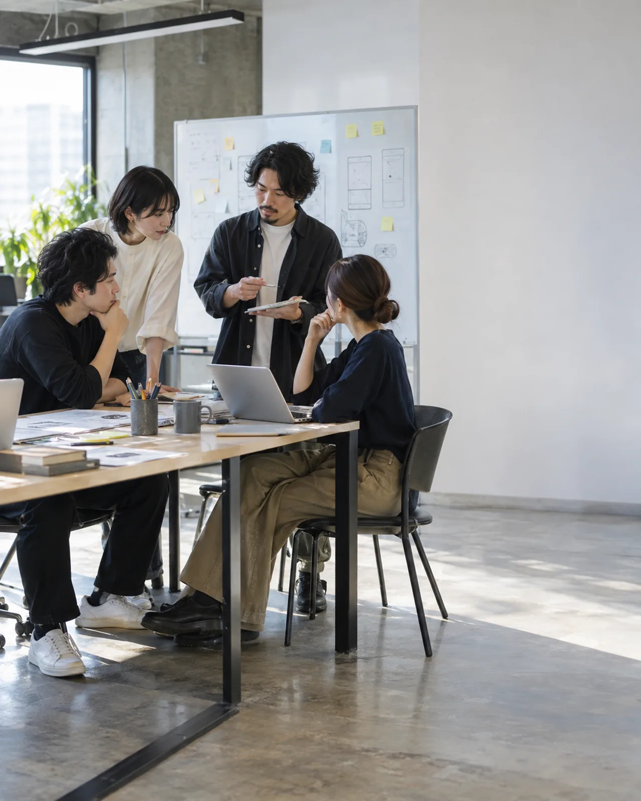 採用広告の生成例。日本人のプロダクトチーム4人がホワイトボードを囲んで議論している自然な仕事風景