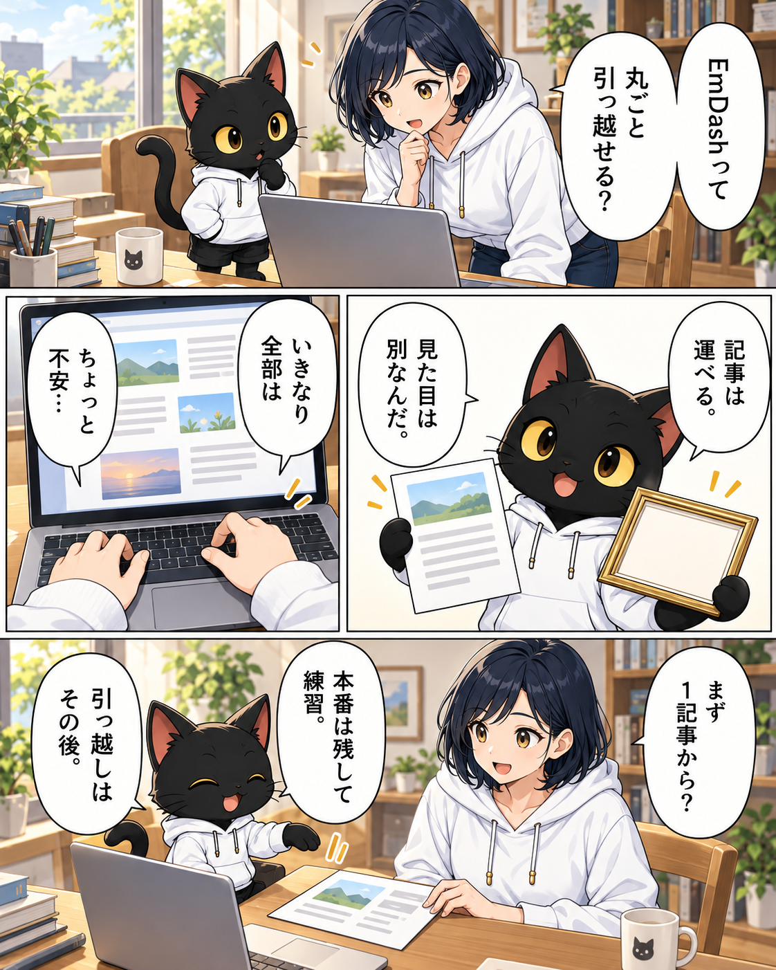 EmDashは本番ブログを残して小さく試す、アキソンとハルカの導入漫画