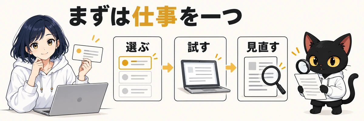 まずは仕事を一つ。選ぶ。試す。見直す
