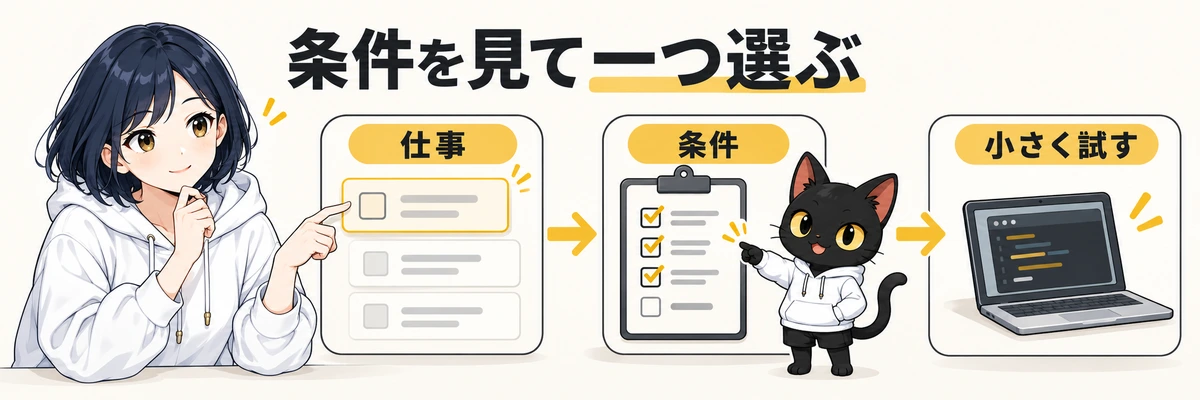 条件を見て一つ選ぶ。仕事。条件。小さく試す