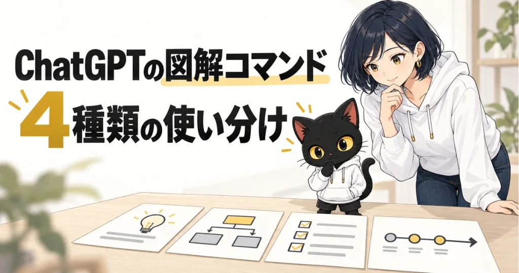 ChatGPTの図解コマンド4種類をアキソンとハルカが紹介する表紙