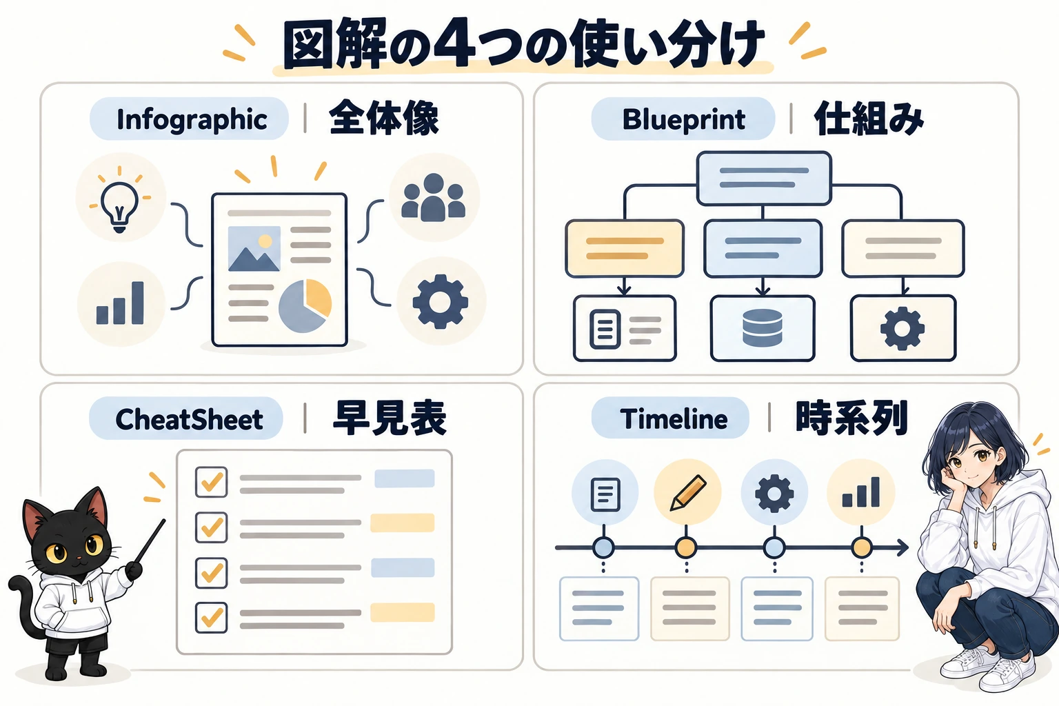ChatGPTの図解コマンド4種類の使い分け。Infographicは全体像、Blueprintは仕組み、CheatSheetは早見表、Timelineは時系列