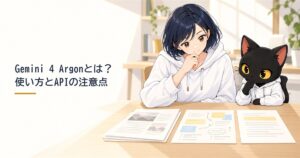 Gemini 4 Argonとは？使い方とAPIの注意点。ハルカと黒猫のアキソンが資料を確認しているイラスト