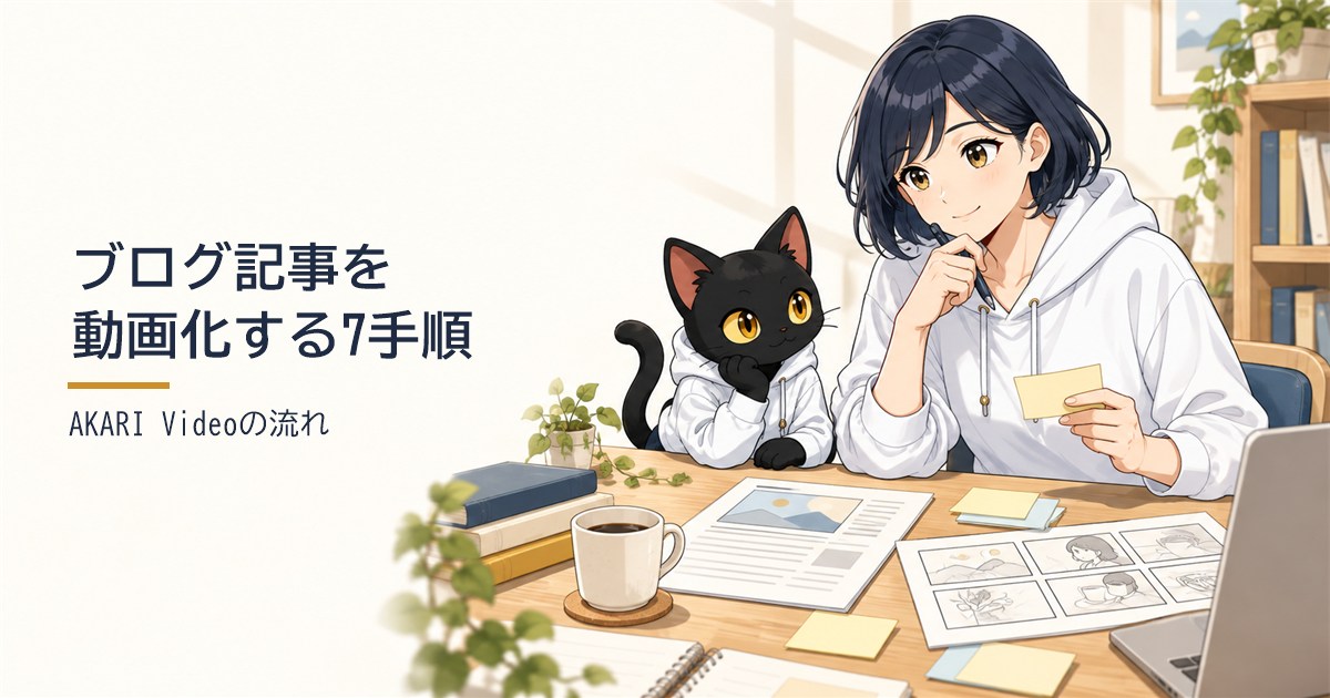 ブログ記事を動画化する7手順。ハルカとアキソンが記事を見ながら動画の構成を考えるイラスト