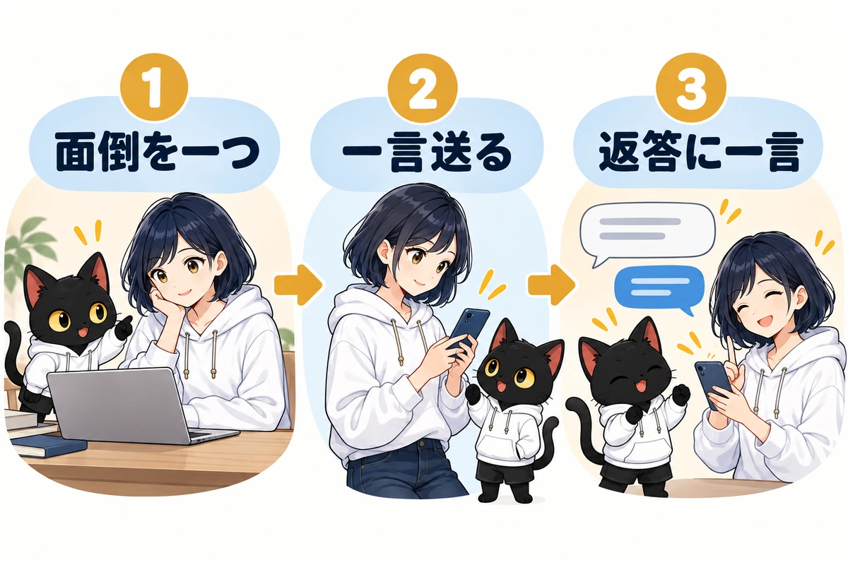 アキソンとハルカの図解:面倒を一つ・一言送る・返答に一言
