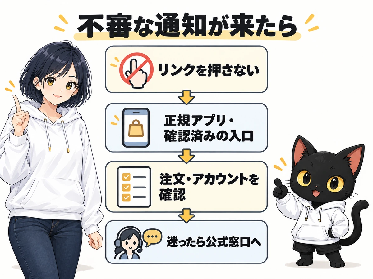 アキソンとハルカが不審な通知が来たときの対策フローを案内するイラスト