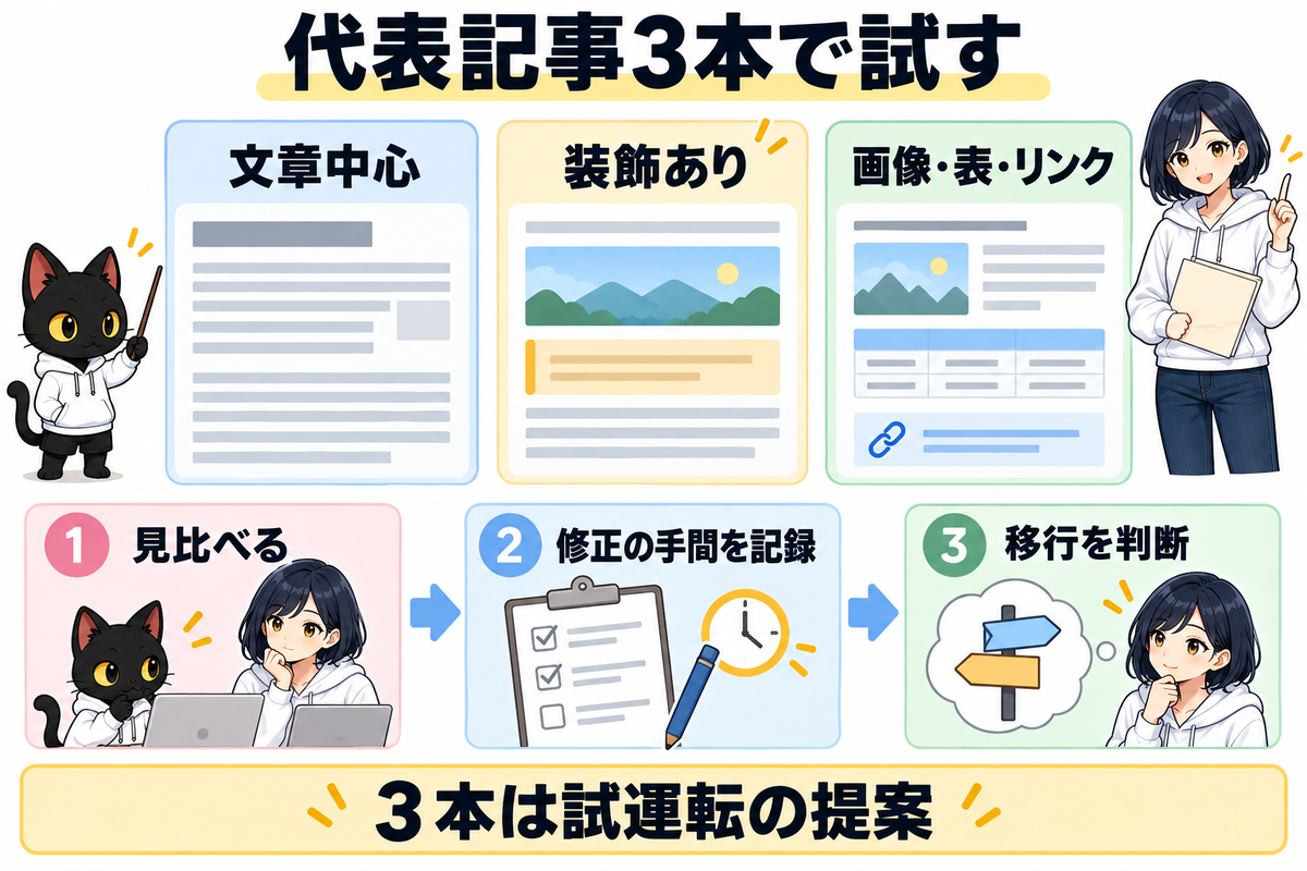 EmDash 代表記事3本で試す順番：代表記事3本で試す