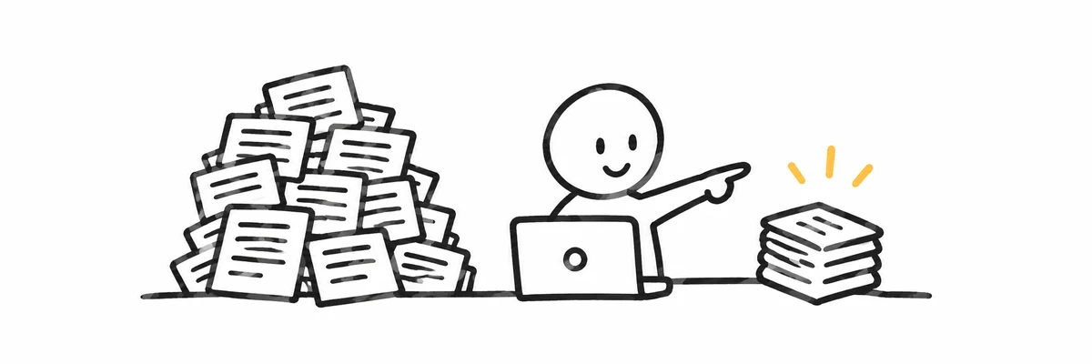 AIコーディングの会話に情報が積み重なり、必要な資料を選び直すイメージ