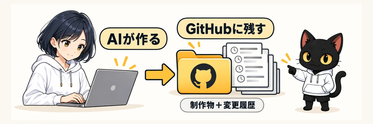 AIが制作しGitHubに制作物と変更履歴を残す流れを紹介するアキソンとハルカ