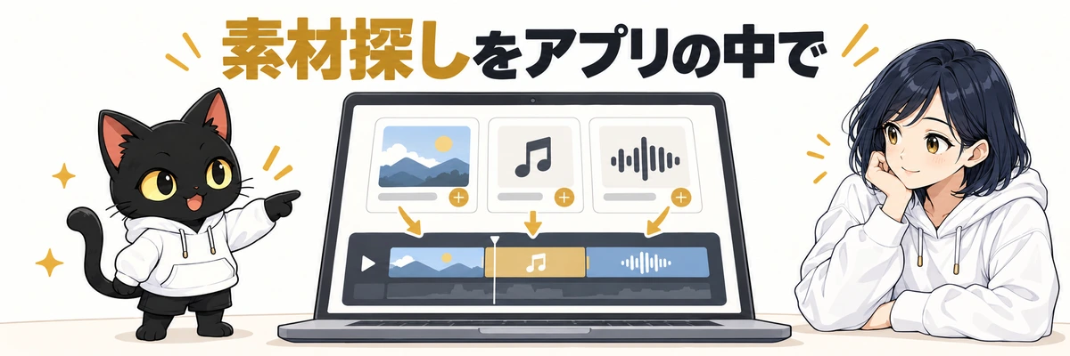 素材探しをアプリの中でを案内するアキソンとハルカ