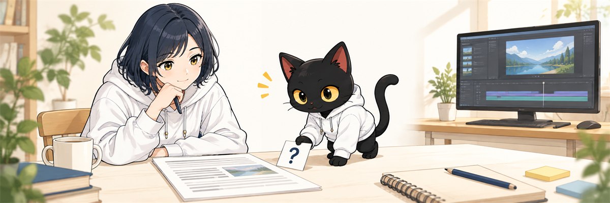 ハルカとアキソンが記事をそのまま完成動画にできるか考えるイラスト