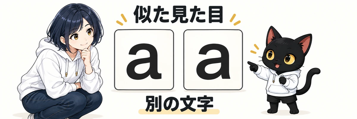 アキソンとハルカが似た文字で偽装する仕組みを案内するイラスト