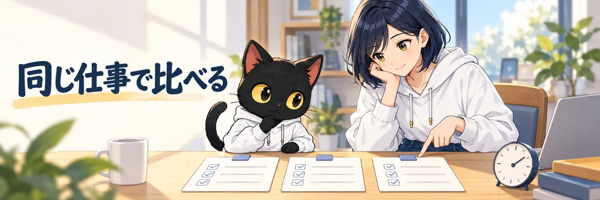 アキソンとハルカが、同じ仕事を三つの作業カードで比べるイラスト