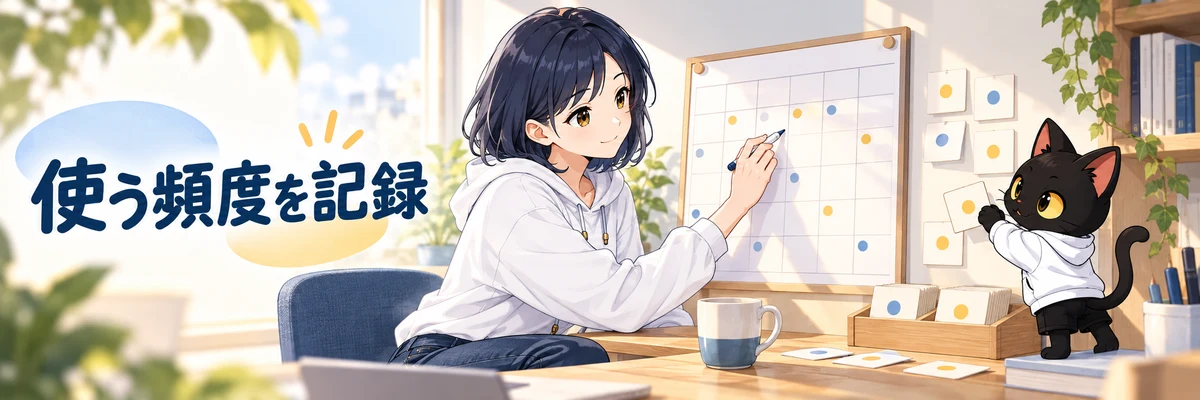 ハルカがカレンダーに利用日を記録し、アキソンが作業カードを並べるイラスト