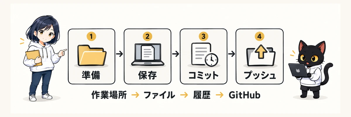 準備、保存、コミット、プッシュの4段階を案内するアキソンとハルカ