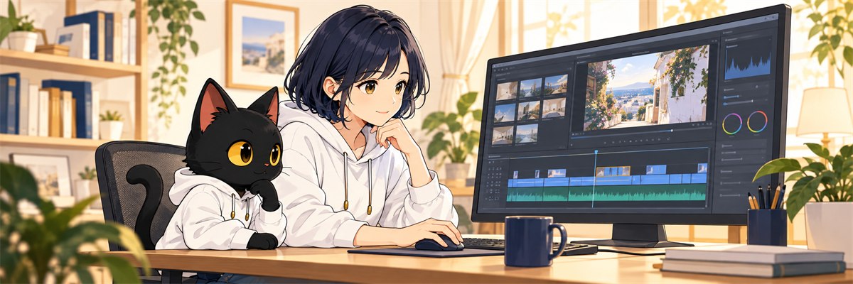 ハルカとアキソンが動画編集タイムラインを確認するイラスト