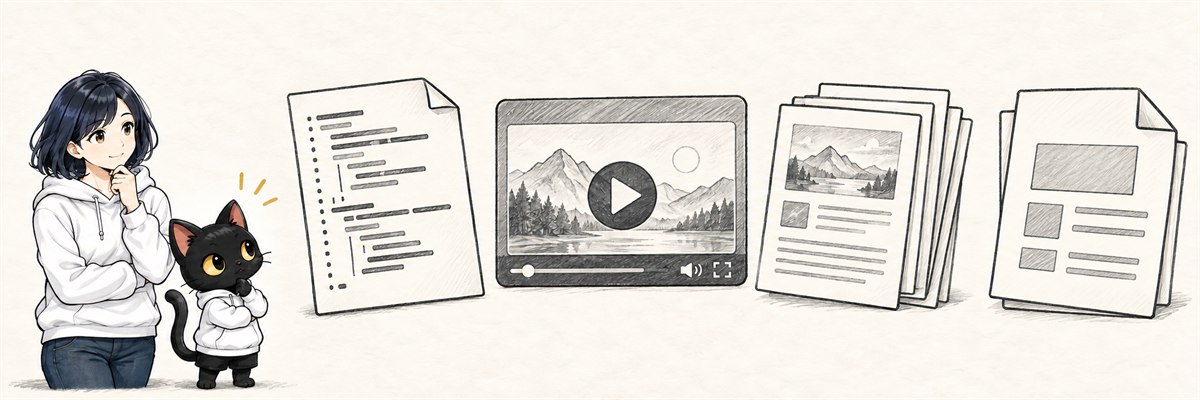 コード、動画、記事、PDFのアイコンをハルカとアキソンが見比べるイラスト