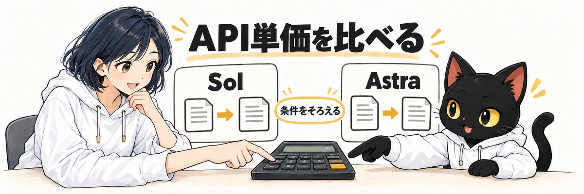 アキソンとハルカが説明する「GPT-6.1 Solの料金｜API単価の比較」の概念図