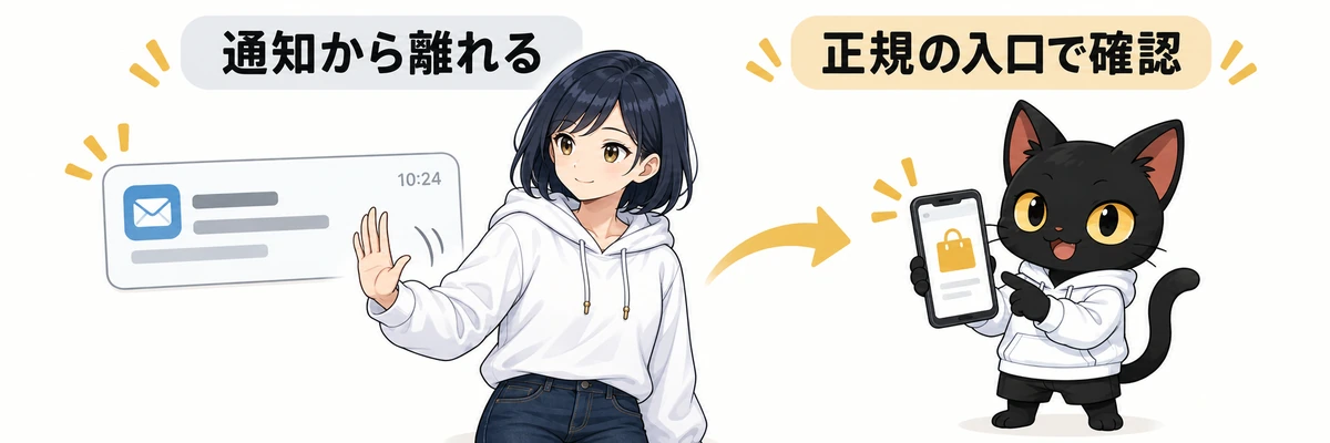 アキソンとハルカがAmazon偽URLと本物の確認を案内するイラスト