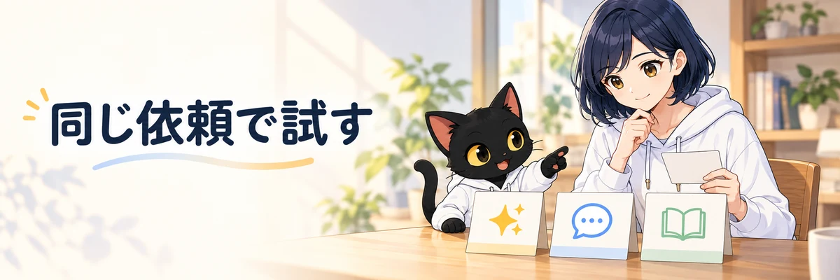 アキソンとハルカが、同じ依頼を三つのAIサービス候補で試すイラスト