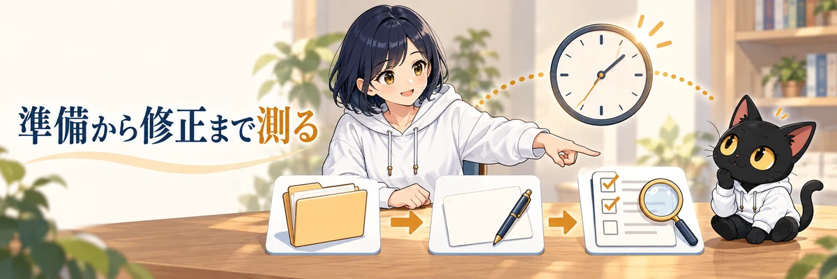 ハルカとアキソンが、準備・依頼・確認修正の作業時間を見比べるイラスト