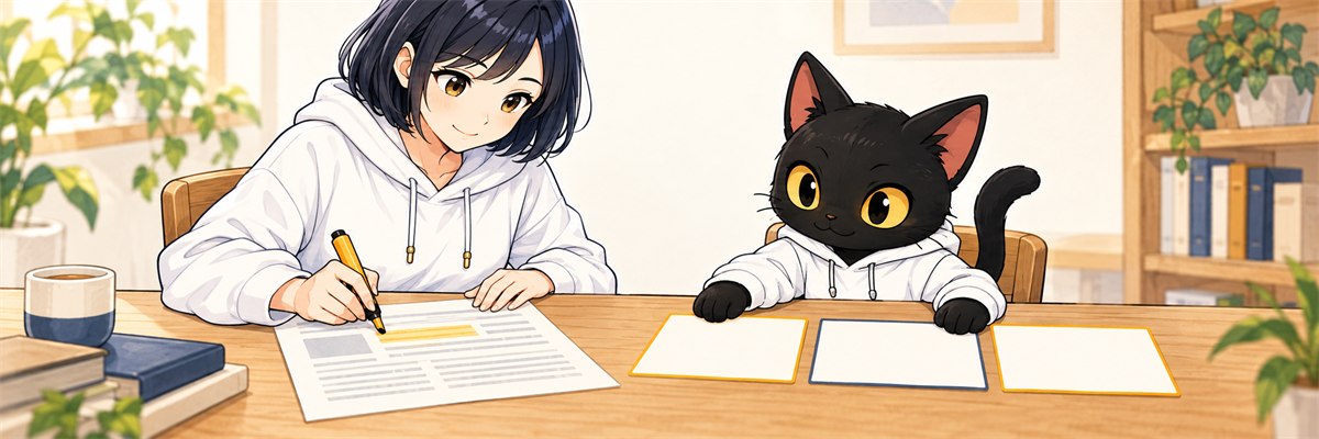 ハルカが記事を読み、アキソンと動画の話題を選ぶイラスト