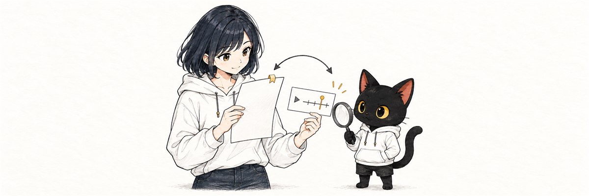 ハルカとアキソンが原資料と空白の確認カードを照合するイラスト