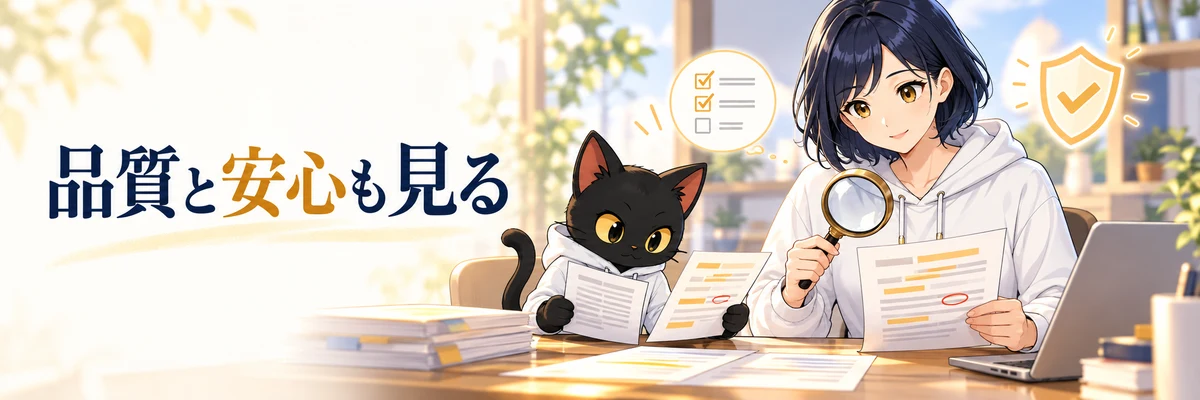 ハルカがAIの回答を確認し、アキソンが資料と照らし合わせるイラスト