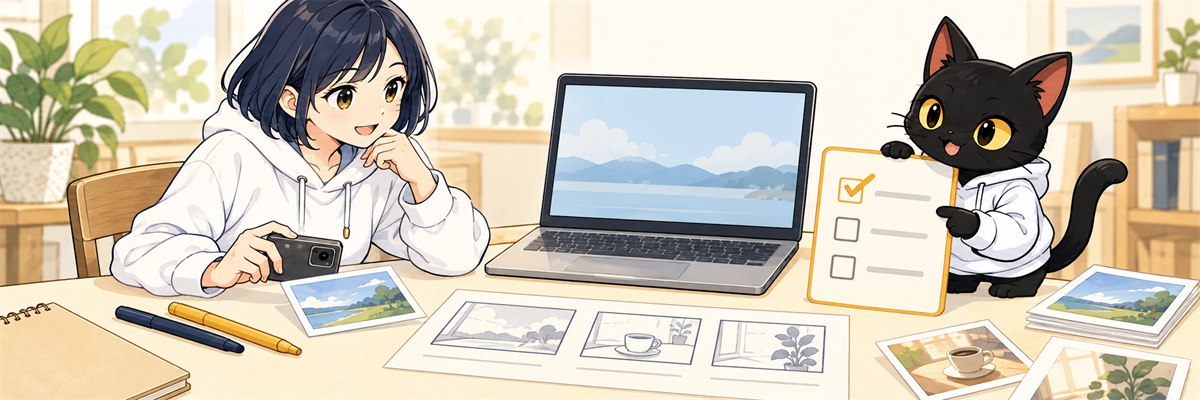 ハルカがスマートフォンで撮影し、アキソンが素材を確認するイラスト