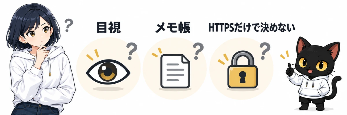 アキソンとハルカが見分け方の3つの落とし穴を案内するイラスト