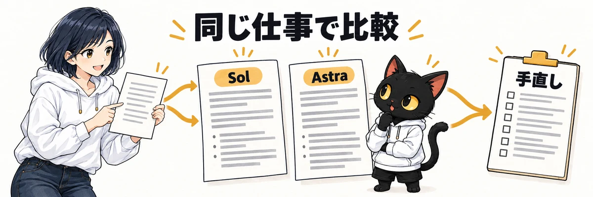 アキソンとハルカが説明する「SolとAstraの使い分け｜同じ仕事で比較」の概念図