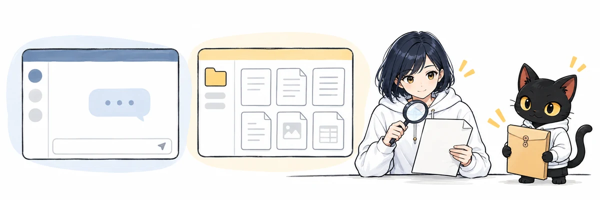 チャット画面と資料フォルダを別々に示し、会社資料を確認するハルカとアキソンのイラスト