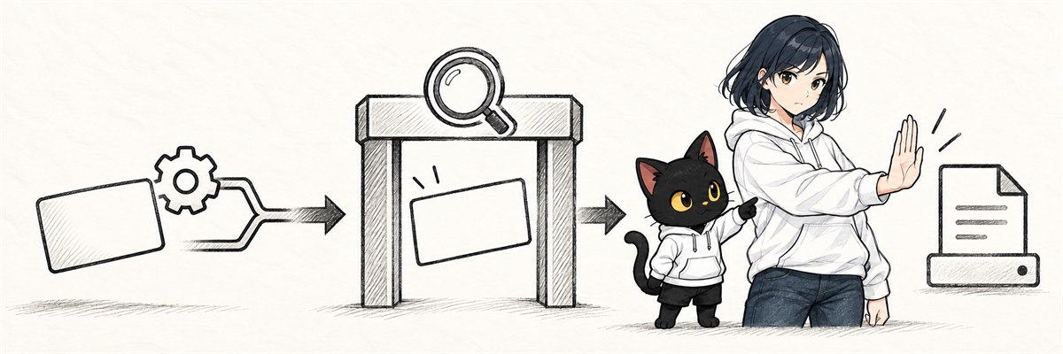 アプリの確認を経てハルカが書き込み前に止めて確認するイラスト