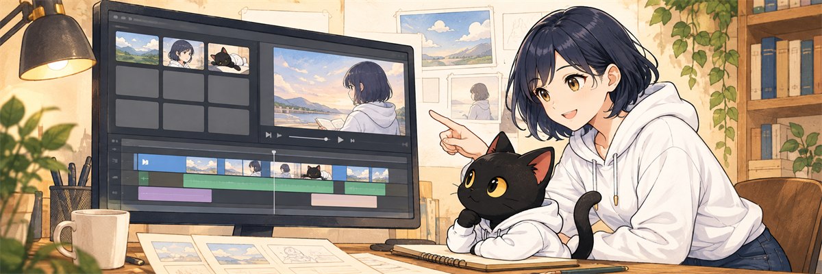 ハルカとアキソンが編集中の動画を確認するイラスト