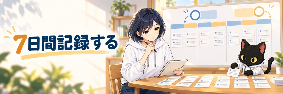 ハルカとアキソンが、同じ作業を七日間記録して比べるイラスト