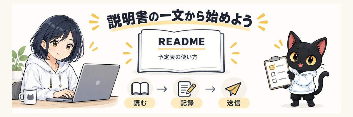 READMEの一文を読み、記録し、送信する練習を案内するアキソンとハルカ