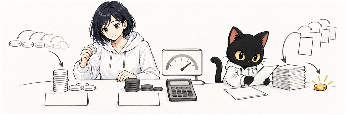ハルカとアキソンが入力・出力の利用量と料金を確認するイラスト