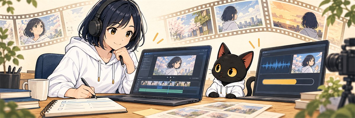 ハルカとアキソンが動画を試写して書き出しを確認するイラスト
