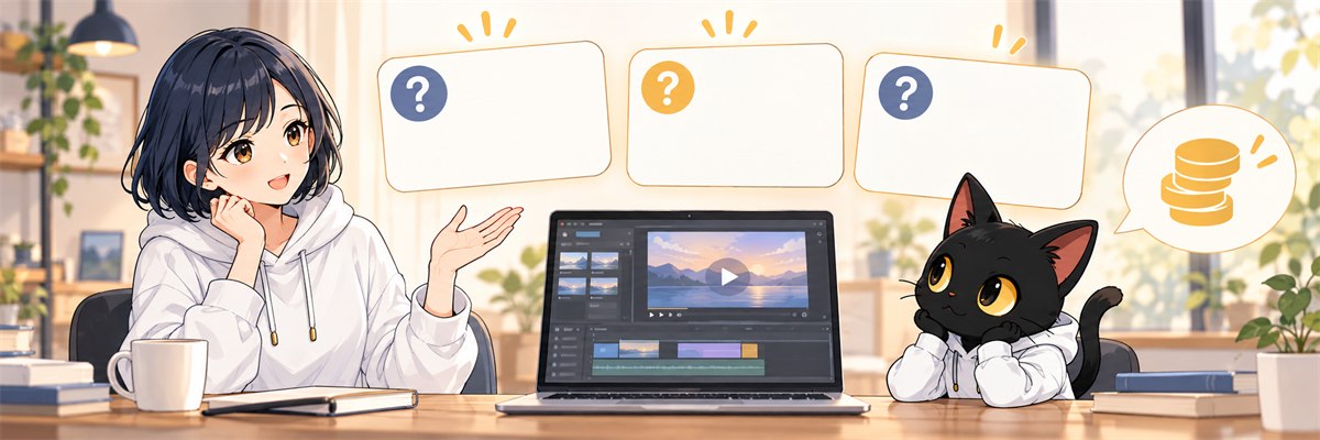 ハルカがアキソンと動画作成のよくある質問を確認するイラスト