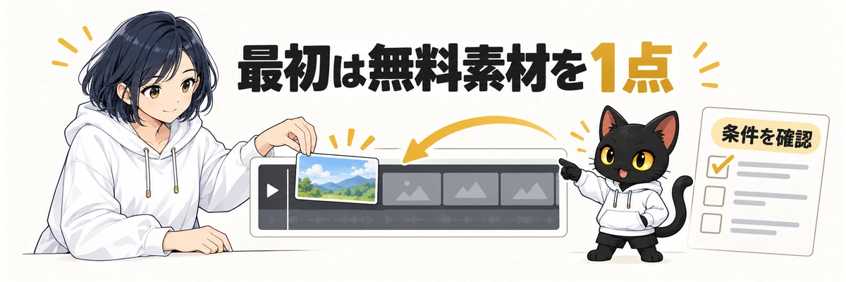 最初は無料素材を1点を案内するアキソンとハルカ