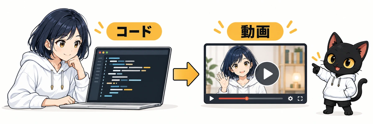 Remotionで文字と画像を組み合わせ動画にする仕組みを説明するアキソンとハルカ