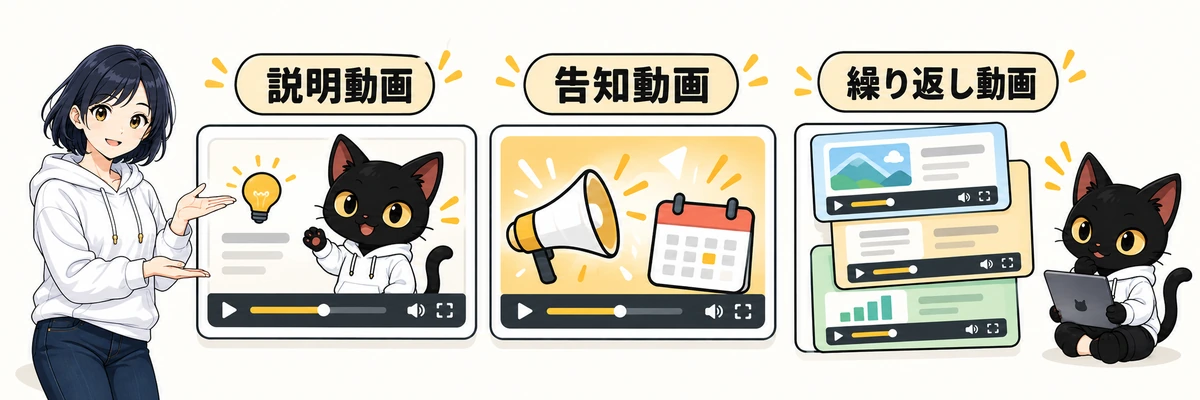 Remotionの仕事での活用例として商品紹介と手順説明と定例報告を示すアキソンとハルカ