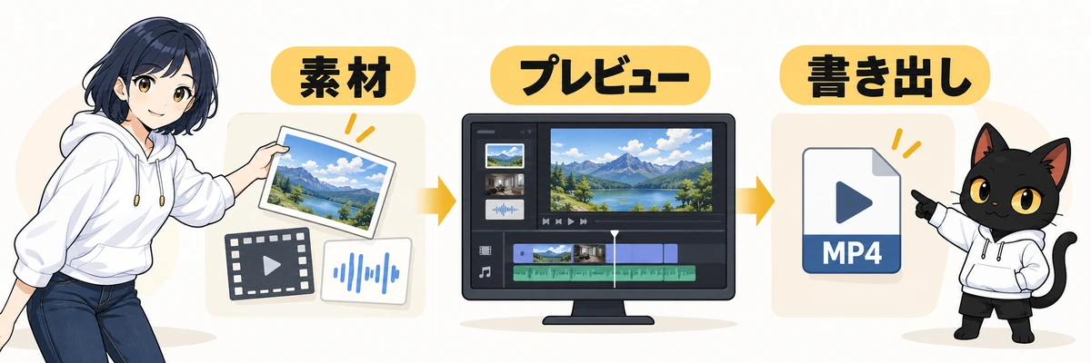 Remotionで15秒動画を三場面に分ける制作手順を説明するアキソンとハルカ